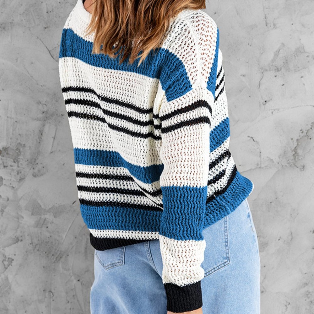 Blue Loose Fit Striped Pattern Sweater - Picture 8 of 9